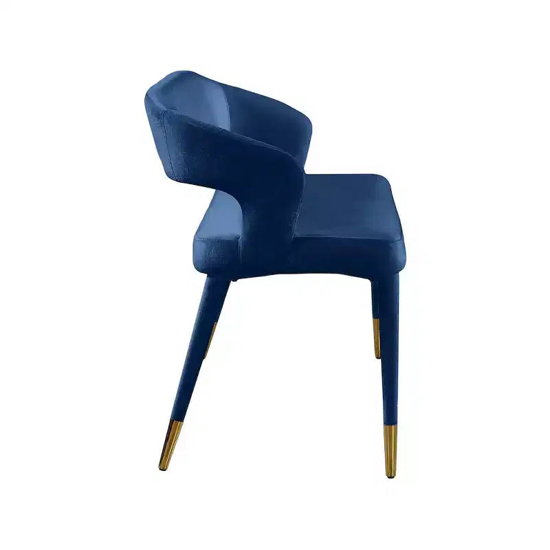 Banc rembourré en velours bleu marine avec pieds dorés, design contemporain