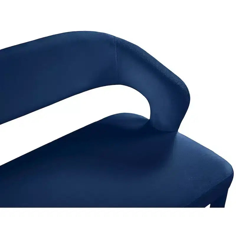 Banc rembourré en velours bleu marine avec pieds dorés, design contemporain