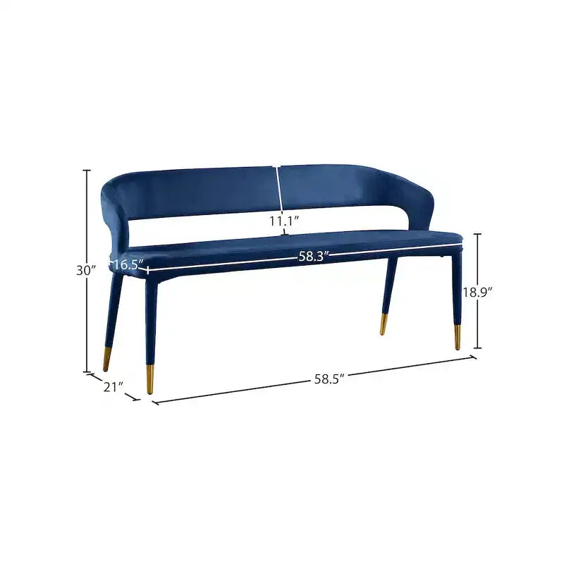 Banc rembourré en velours bleu marine avec pieds dorés, design contemporain