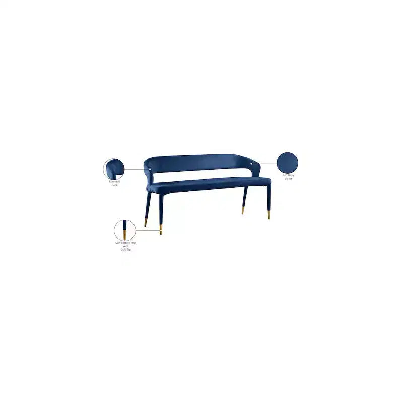 Banc rembourré en velours bleu marine avec pieds dorés, design contemporain