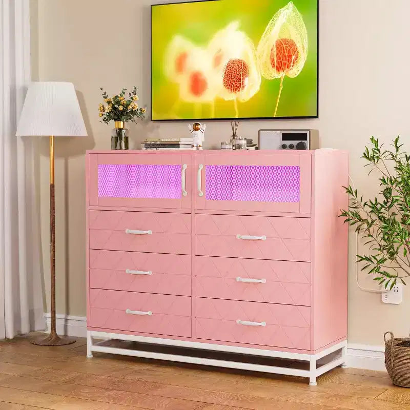 Commode à 6 tiroirs avec meuble à 2 portes, Commode haute avec station d'alimentation, Rangement moderne pour chambre, salon, couloir, placard