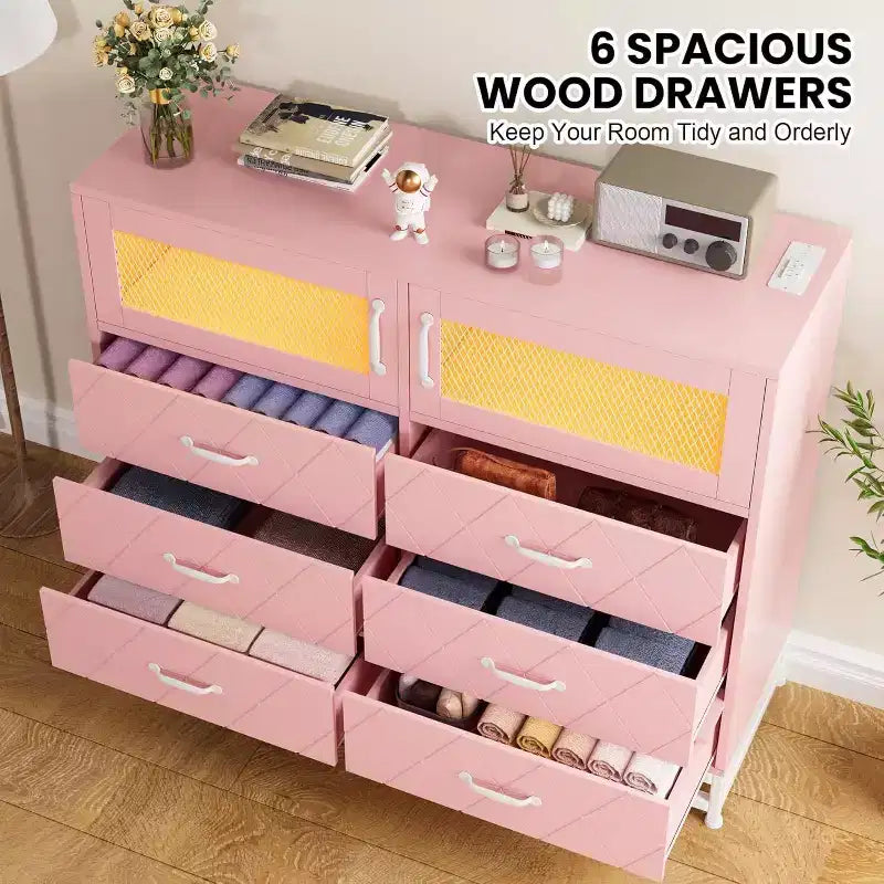 Commode à 6 tiroirs avec meuble à 2 portes, Commode haute avec station d'alimentation, Rangement moderne pour chambre, salon, couloir, placard