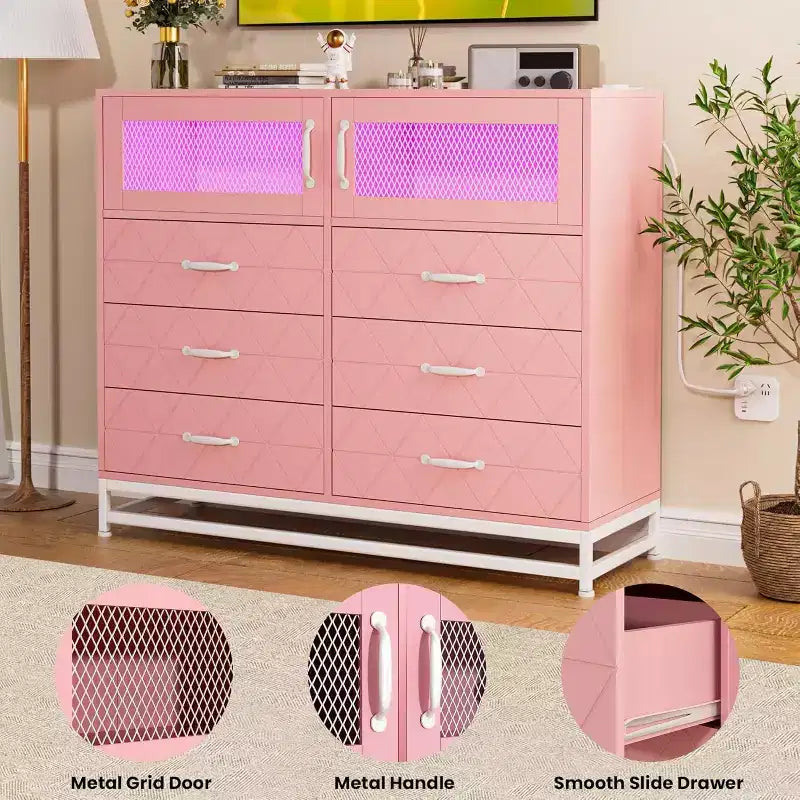 Commode à 6 tiroirs avec meuble à 2 portes, Commode haute avec station d'alimentation, Rangement moderne pour chambre, salon, couloir, placard