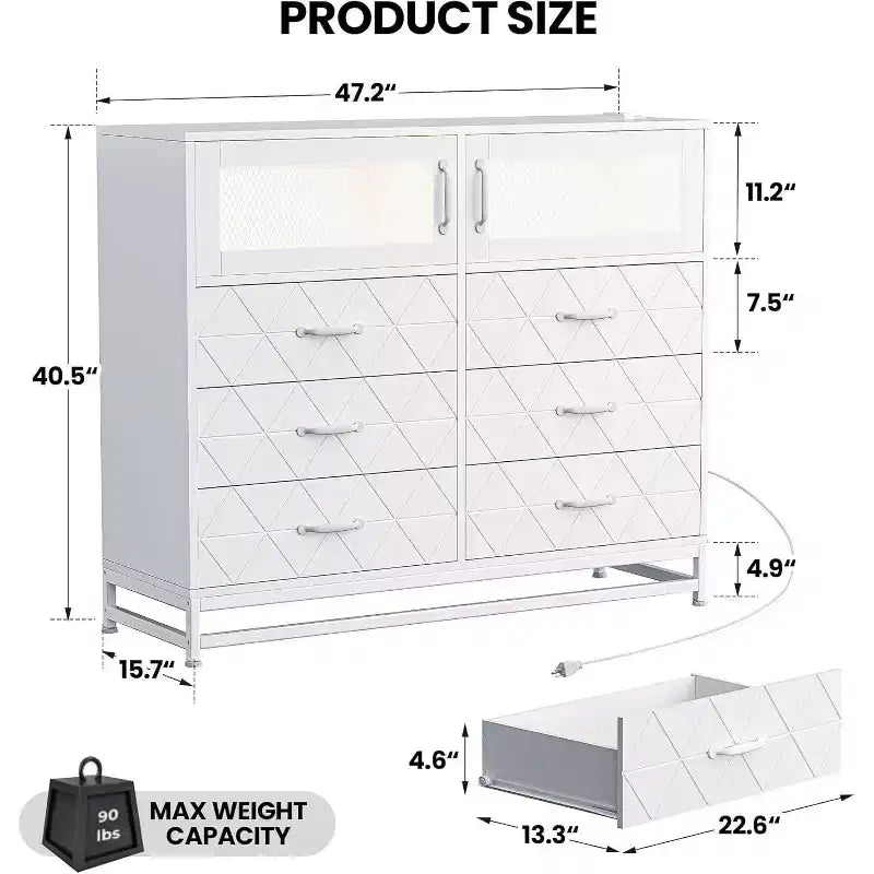 Commode à 6 tiroirs avec meuble à 2 portes, Commode haute avec station d'alimentation, Rangement moderne pour chambre, salon, couloir, placard