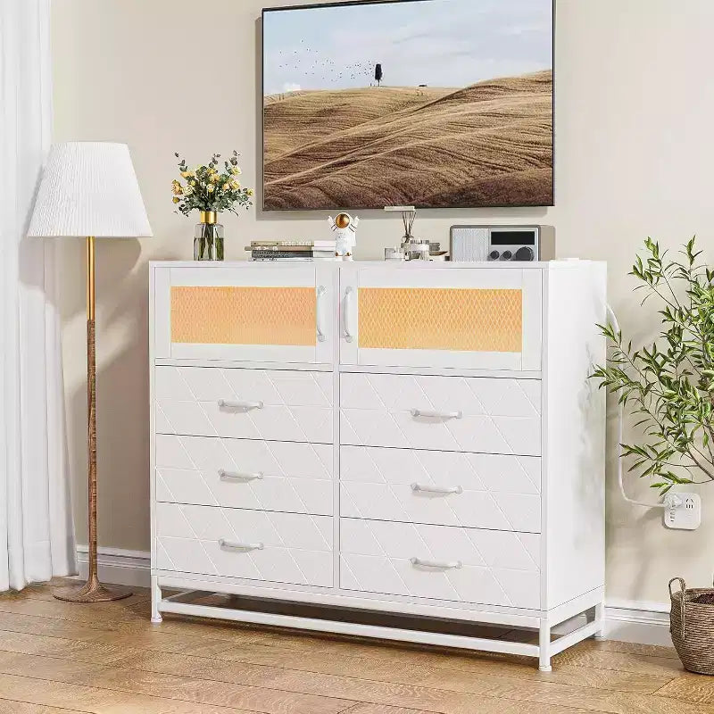 Commode à 6 tiroirs avec meuble à 2 portes, Commode haute avec station d'alimentation, Rangement moderne pour chambre, salon, couloir, placard