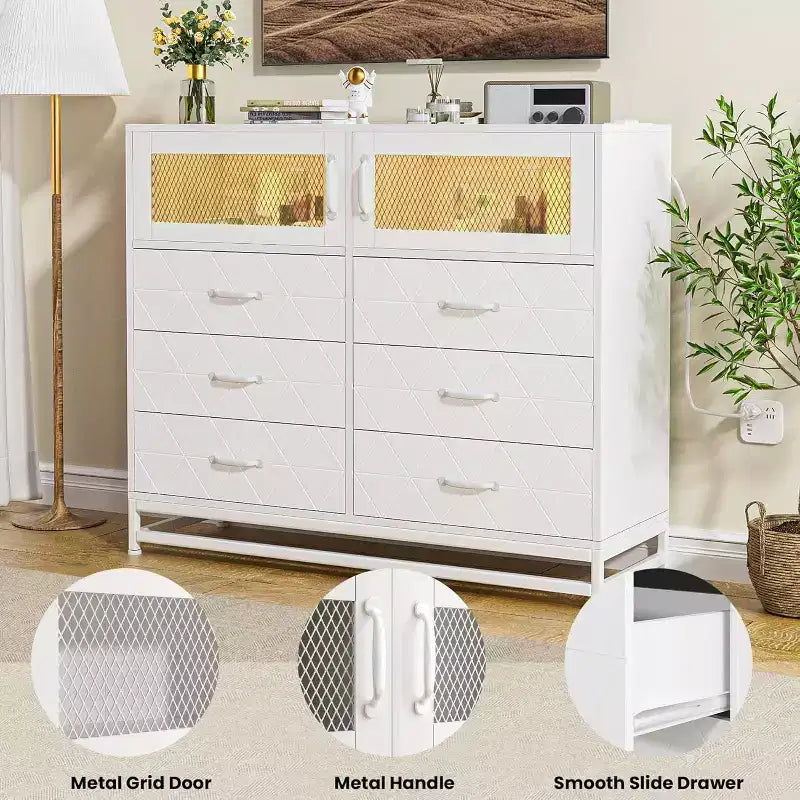 Commode à 6 tiroirs avec meuble à 2 portes, Commode haute avec station d'alimentation, Rangement moderne pour chambre, salon, couloir, placard