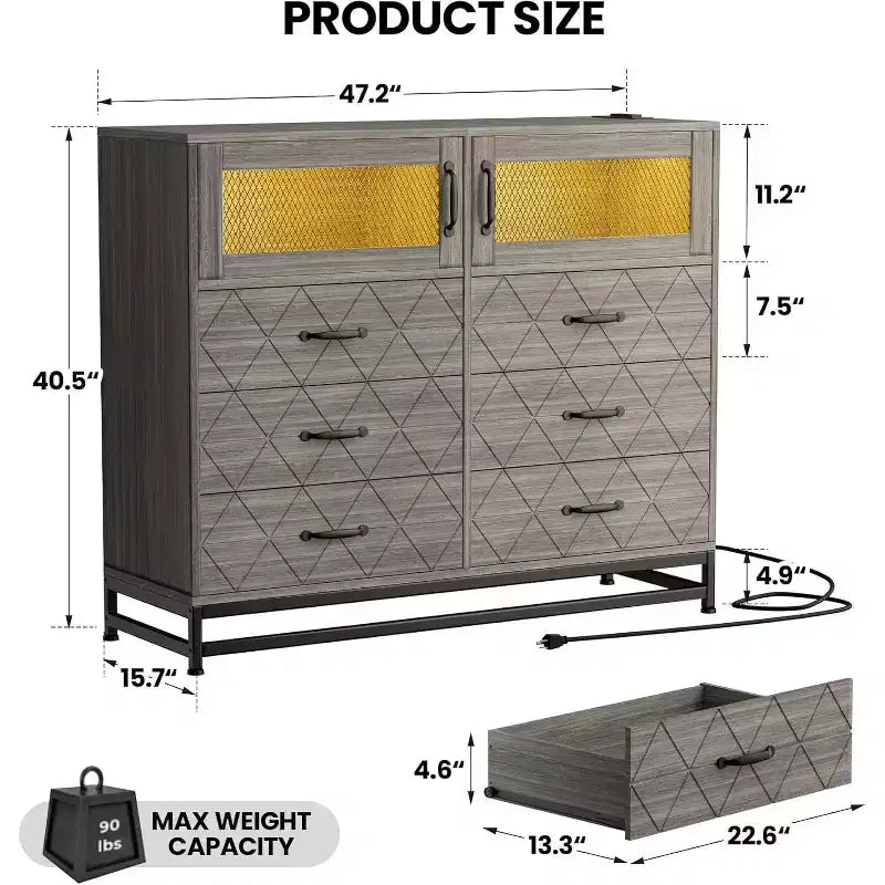 Commode à 6 tiroirs avec meuble à 2 portes, Commode haute avec station d'alimentation, Rangement moderne pour chambre, salon, couloir, placard