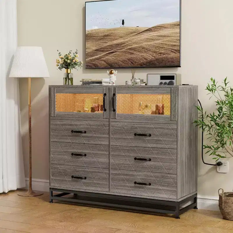 Commode à 6 tiroirs avec meuble à 2 portes, Commode haute avec station d'alimentation, Rangement moderne pour chambre, salon, couloir, placard