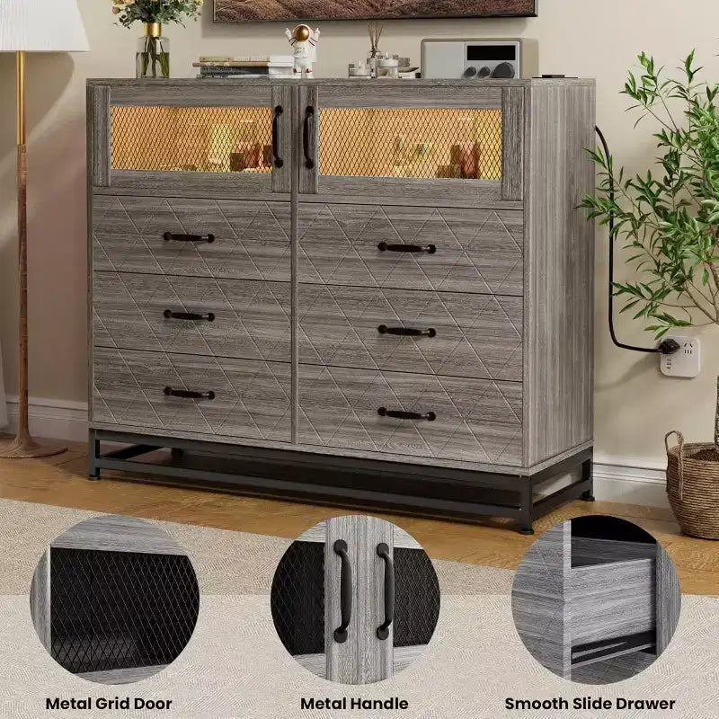 Commode à 6 tiroirs avec meuble à 2 portes, Commode haute avec station d'alimentation, Rangement moderne pour chambre, salon, couloir, placard