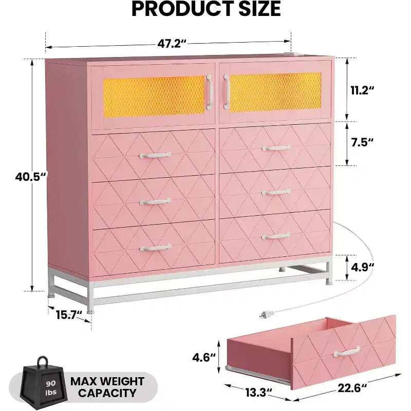 Commode à 6 tiroirs avec meuble à 2 portes, Commode haute avec station d'alimentation, Rangement moderne pour chambre, salon, couloir, placard