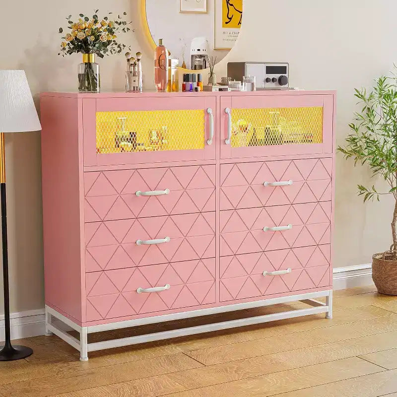 Commode à 6 tiroirs avec meuble à 2 portes, Commode haute avec station d'alimentation, Rangement moderne pour chambre, salon, couloir, placard
