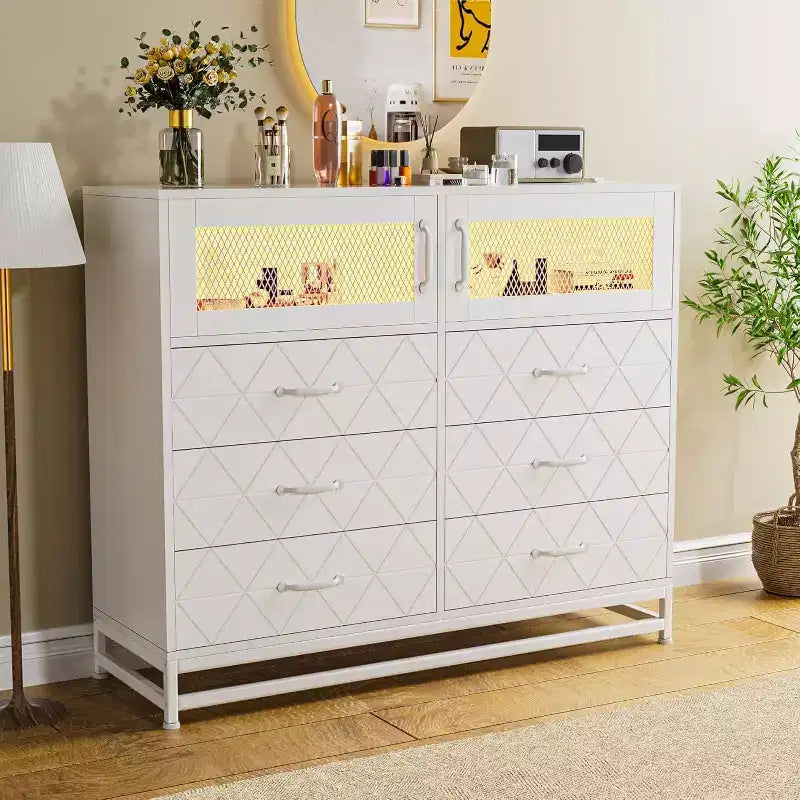 Commode à 6 tiroirs avec meuble à 2 portes, Commode haute avec station d'alimentation, Rangement moderne pour chambre, salon, couloir, placard