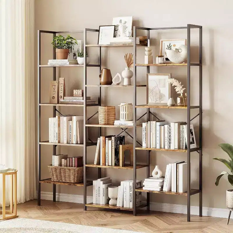 Étagère à trois colonnes à 5 niveaux, 14 étagères de présentation réglables, large bibliothèque industrielle pour salon, bureau, marron rustique
