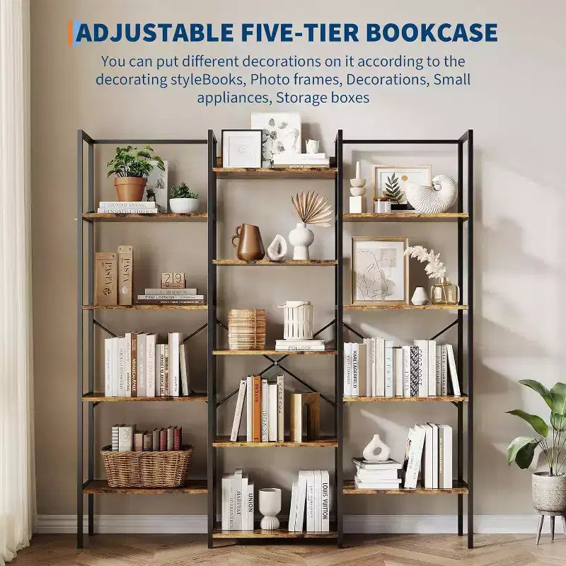 Étagère à trois colonnes à 5 niveaux, 14 étagères de présentation réglables, large bibliothèque industrielle pour salon, bureau, marron rustique