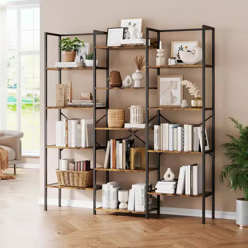 Étagère à trois colonnes à 5 niveaux, 14 étagères de présentation réglables, large bibliothèque industrielle pour salon, bureau, marron rustique