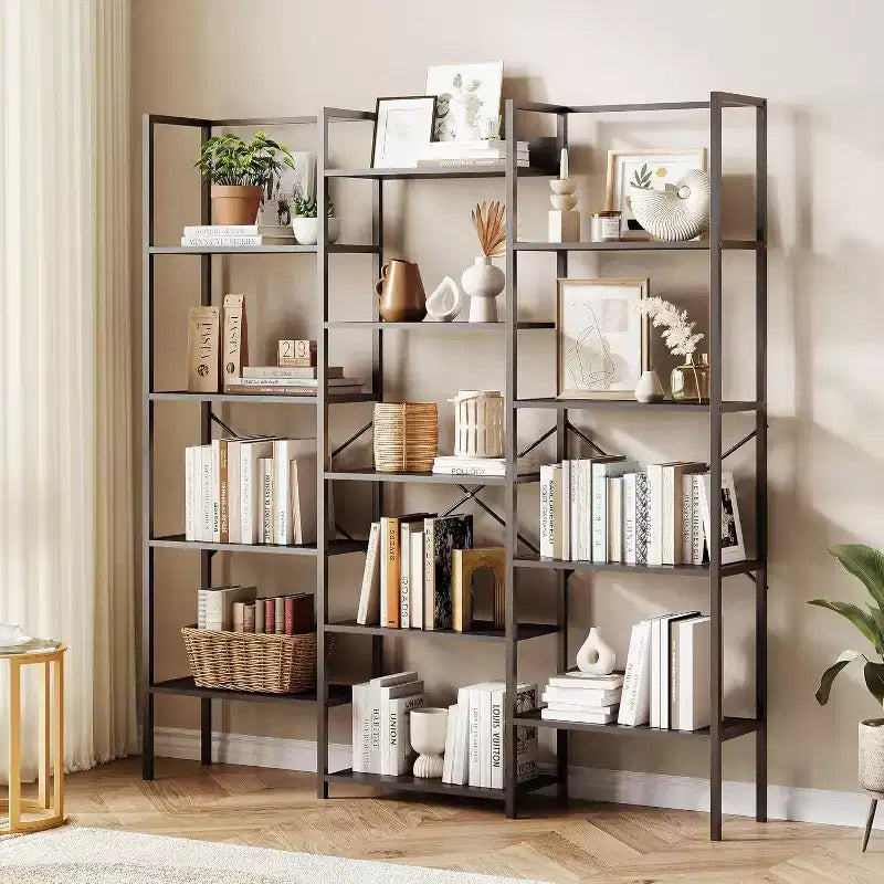 Étagère à trois colonnes à 5 niveaux, 14 étagères de présentation réglables, large bibliothèque industrielle pour salon, bureau, marron rustique
