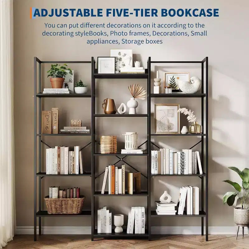 Étagère à trois colonnes à 5 niveaux, 14 étagères de présentation réglables, large bibliothèque industrielle pour salon, bureau, marron rustique