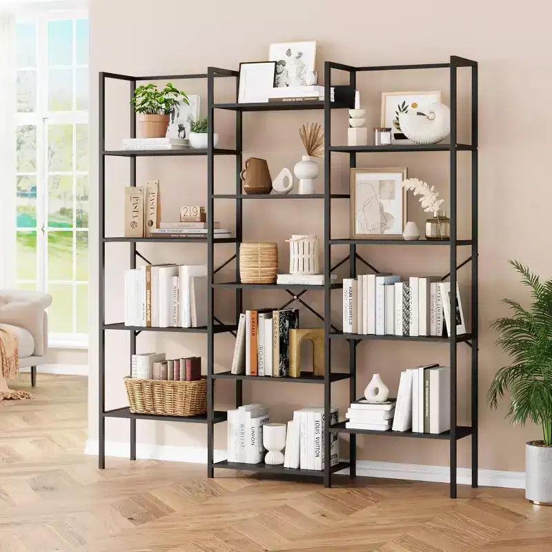 Étagère à trois colonnes à 5 niveaux, 14 étagères de présentation réglables, large bibliothèque industrielle pour salon, bureau, marron rustique