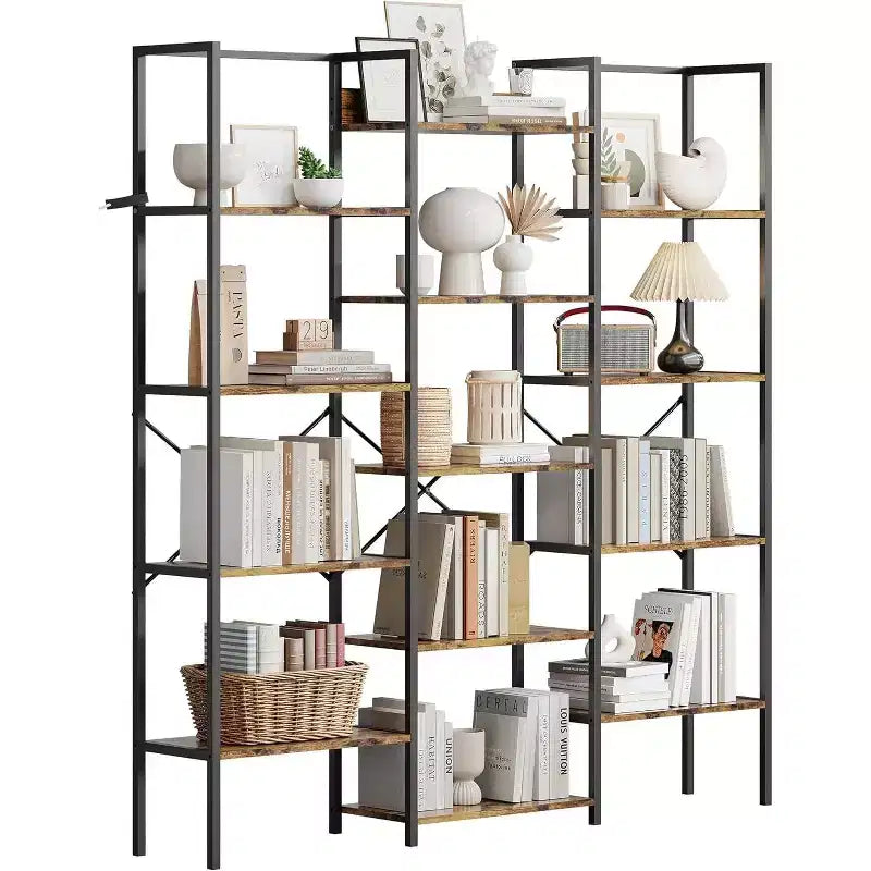 Étagère à trois colonnes à 5 niveaux, 14 étagères de présentation réglables, large bibliothèque industrielle pour salon, bureau, marron rustique