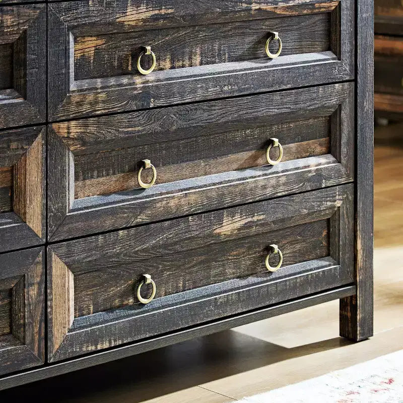 Commode large à 6/8 tiroirs de style ferme avec poignées en métal, armoire de rangement en bois pour chambre à coucher, chêne foncé