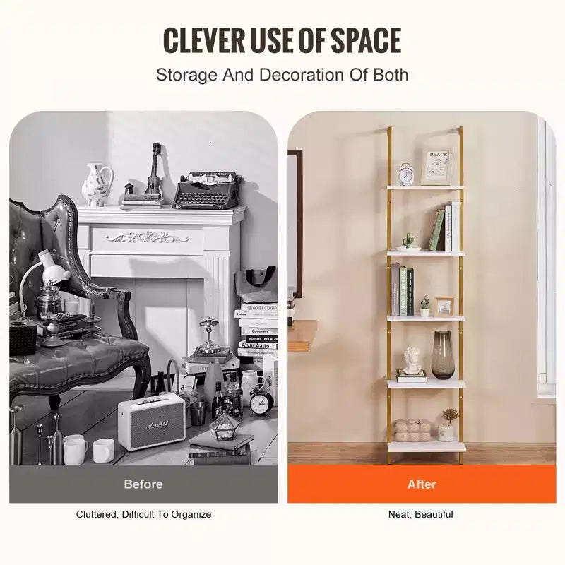 Étagère échelle à 5 niveaux, Bibliothèque murale ouverte avec cadre en métal, Meuble de rangement, Or et blanc