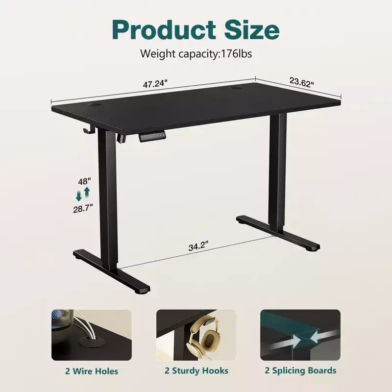 Bureau debout électrique ergonomique à hauteur réglable avec cadre en métal en T et préréglages de mémoire, 140 x 60 cm, noir