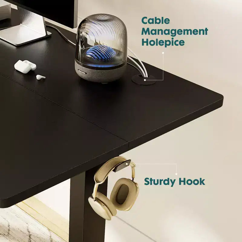 Bureau debout électrique ergonomique à hauteur réglable avec cadre en métal en T et préréglages de mémoire, 140 x 60 cm, noir