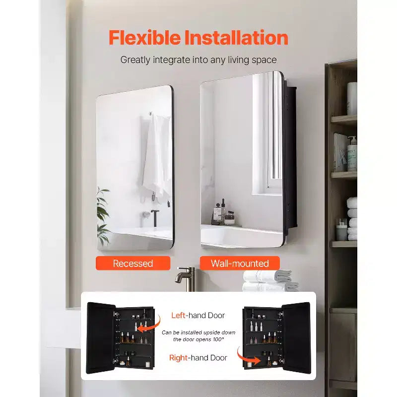 Armoire de toilette 20 x 30 pouces avec miroir, cadre en aluminium, étagères réglables à 4 niveaux, noire