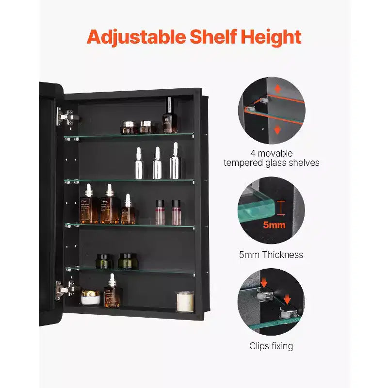 Armoire de toilette 20 x 30 pouces avec miroir, cadre en aluminium, étagères réglables à 4 niveaux, noire