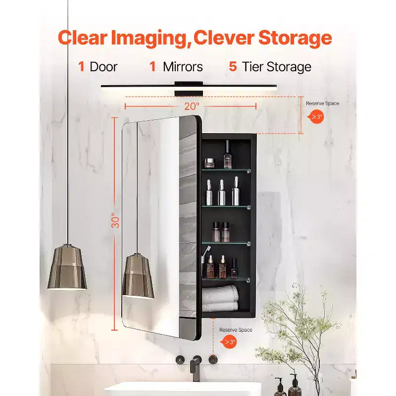 Armoire de toilette 20 x 30 pouces avec miroir, cadre en aluminium, étagères réglables à 4 niveaux, noire
