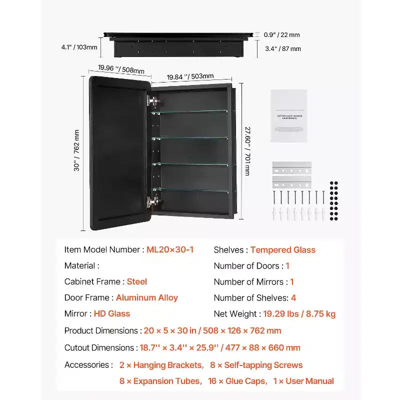 Armoire de toilette 20 x 30 pouces avec miroir, cadre en aluminium, étagères réglables à 4 niveaux, noire