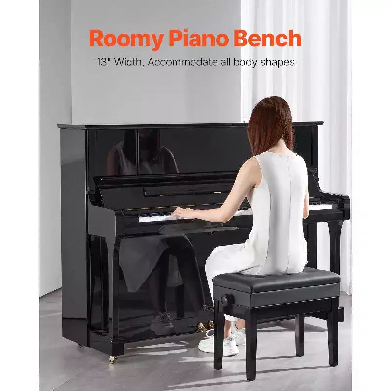 Banc de piano 56 x 33 cm, Siège de clavier à hauteur réglable 49-58 cm, Coussin rembourré et Compartiment de rangement, Noir