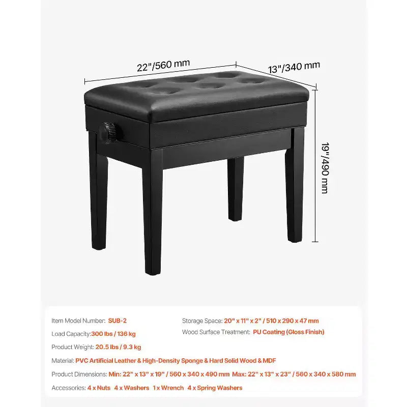 Banc de piano 56 x 33 cm, Siège de clavier à hauteur réglable 49-58 cm, Coussin rembourré et Compartiment de rangement, Noir