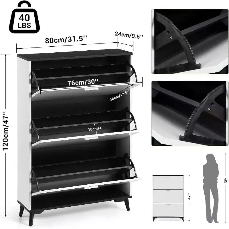 Meuble à chaussures d'entrée avec 3 tiroirs basculants, meuble de rangement à chaussures étroit sur pied
