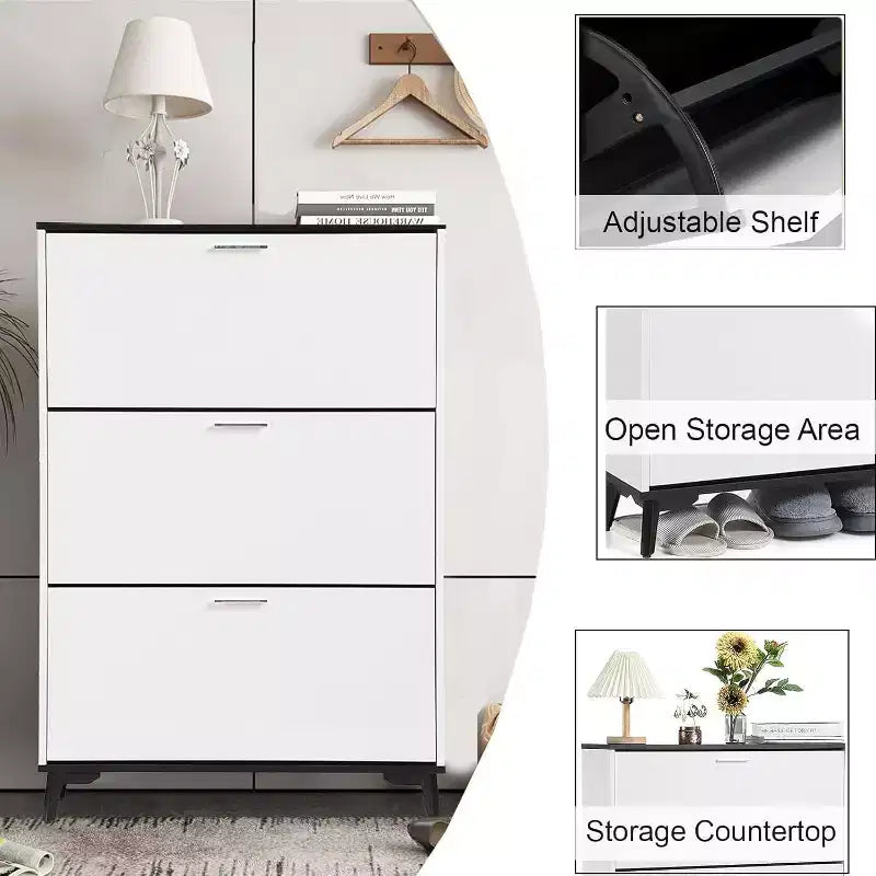 Meuble à chaussures d'entrée avec 3 tiroirs basculants, meuble de rangement à chaussures étroit sur pied