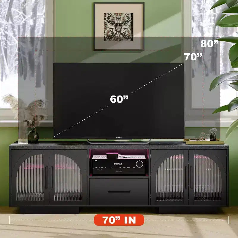 Meuble TV 70" pour téléviseurs 80", meuble de divertissement avec lumières LED et portes vitrées cintrées