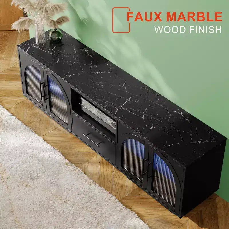 Meuble TV 70" pour téléviseurs 80", meuble de divertissement avec lumières LED et portes vitrées cintrées