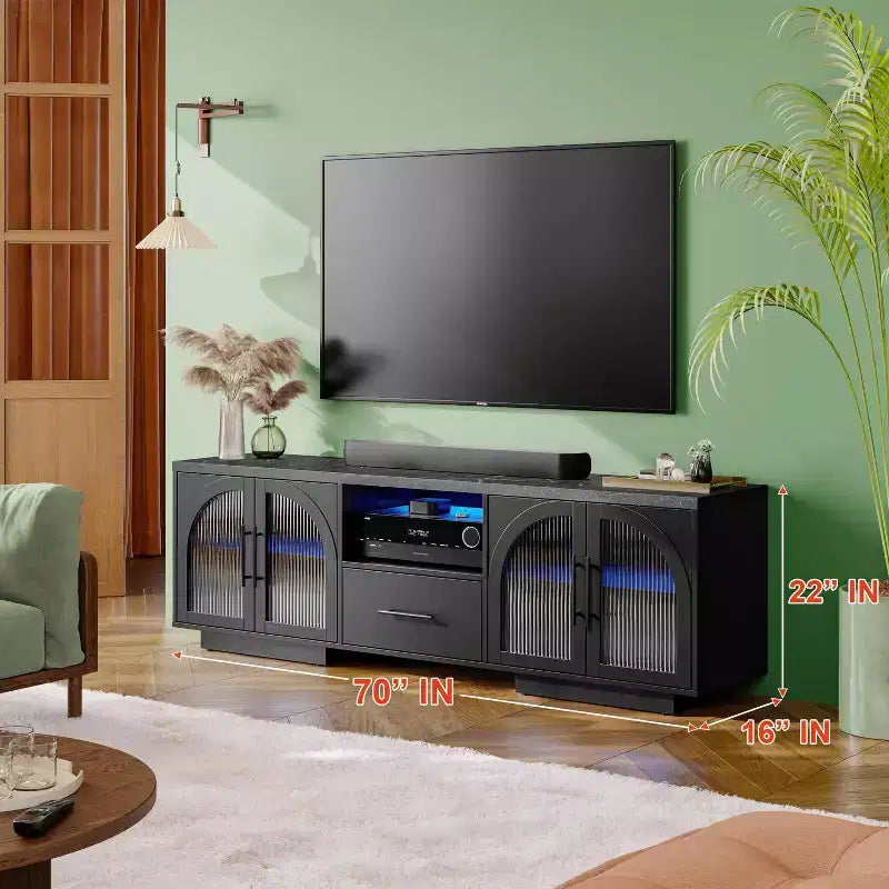 Meuble TV 70" pour téléviseurs 80", meuble de divertissement avec lumières LED et portes vitrées cintrées