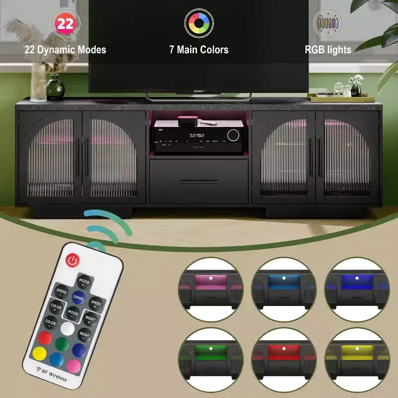 Meuble TV 70" pour téléviseurs 80", meuble de divertissement avec lumières LED et portes vitrées cintrées