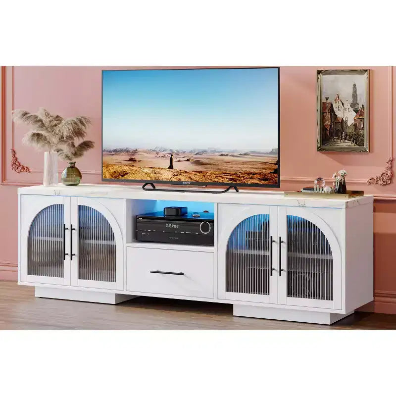 Meuble TV 70" pour téléviseurs 80", meuble de divertissement avec lumières LED et portes vitrées cintrées