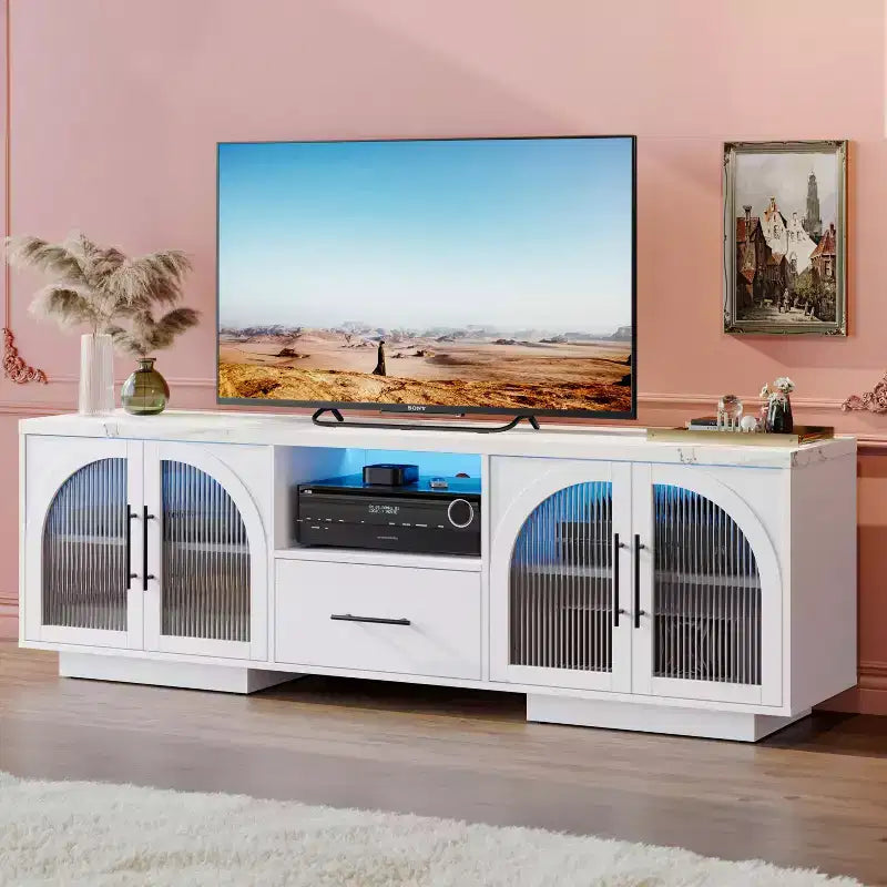 Meuble TV 70" pour téléviseurs 80", meuble de divertissement avec lumières LED et portes vitrées cintrées