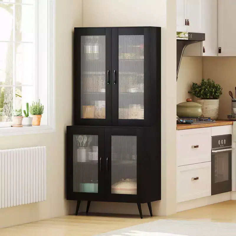 Meuble de Cuisine avec Portes Cannelées Translucides et Étagère Réglable