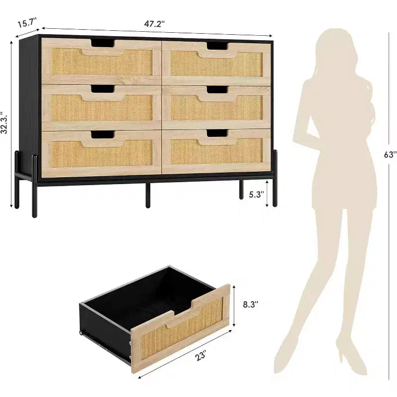 Commode 6 tiroirs en rotin naturel, commode en bois, armoire de rangement de style ferme avec pieds en métal, commode moderne pour chambre à coucher, salon