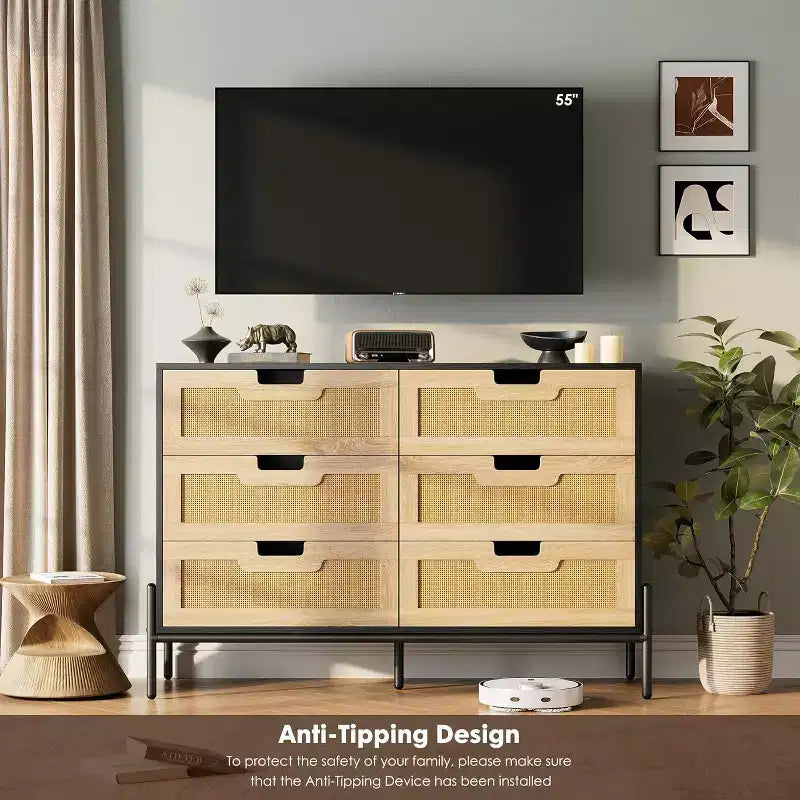 Commode 6 tiroirs en rotin naturel, commode en bois, armoire de rangement de style ferme avec pieds en métal, commode moderne pour chambre à coucher, salon