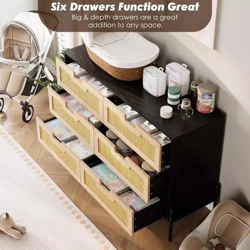 Commode 6 tiroirs en rotin naturel, commode en bois, armoire de rangement de style ferme avec pieds en métal, commode moderne pour chambre à coucher, salon