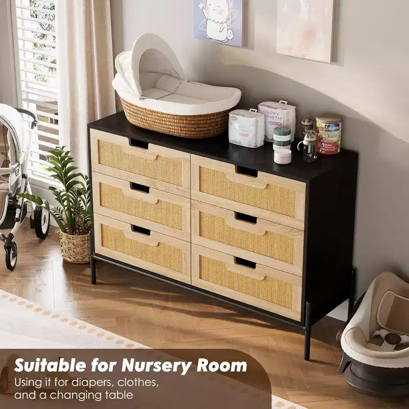 Commode 6 tiroirs en rotin naturel, commode en bois, armoire de rangement de style ferme avec pieds en métal, commode moderne pour chambre à coucher, salon