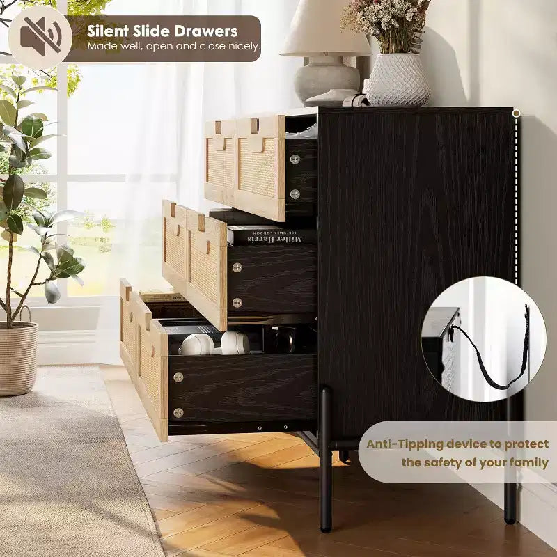 Commode 6 tiroirs en rotin naturel, commode en bois, armoire de rangement de style ferme avec pieds en métal, commode moderne pour chambre à coucher, salon