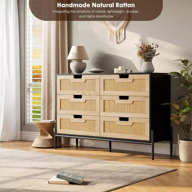 Commode 6 tiroirs en rotin naturel, commode en bois, armoire de rangement de style ferme avec pieds en métal, commode moderne pour chambre à coucher, salon