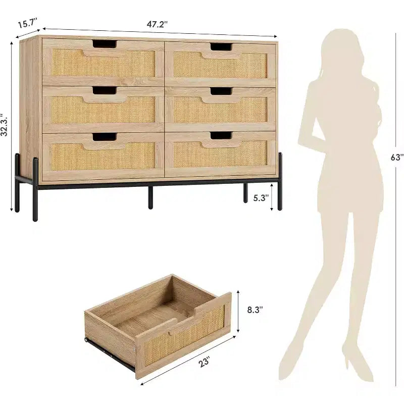 Commode 6 tiroirs en rotin naturel, commode en bois, armoire de rangement de style ferme avec pieds en métal, commode moderne pour chambre à coucher, salon
