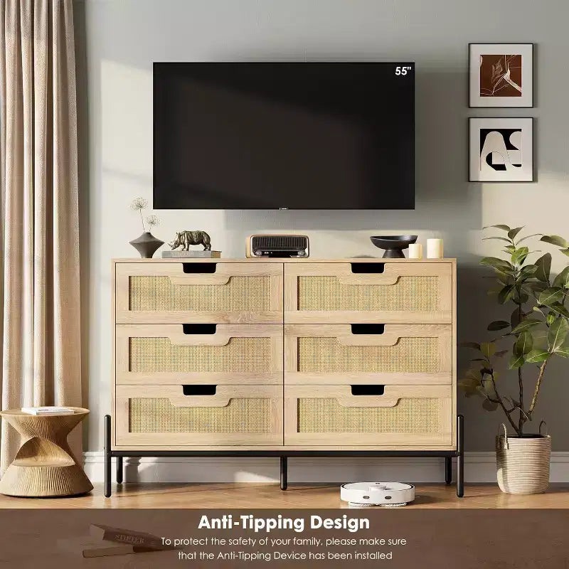 Commode 6 tiroirs en rotin naturel, commode en bois, armoire de rangement de style ferme avec pieds en métal, commode moderne pour chambre à coucher, salon